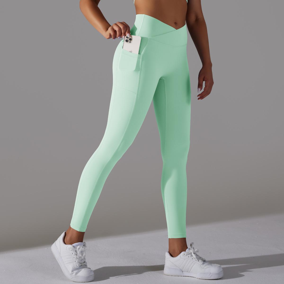 Nude Feel Skin-friendly Cross Waist Pocket Stretch Fitness Sports Ninth Pants