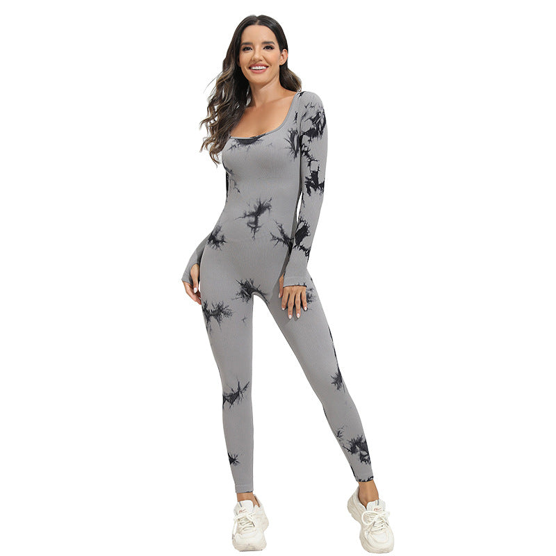 New Tie-dye Square Collar Long Sleeve Sports Seamless Yoga Bodysuit