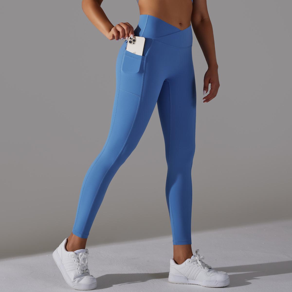 Nude Feel Skin-friendly Cross Waist Pocket Stretch Fitness Sports Ninth Pants