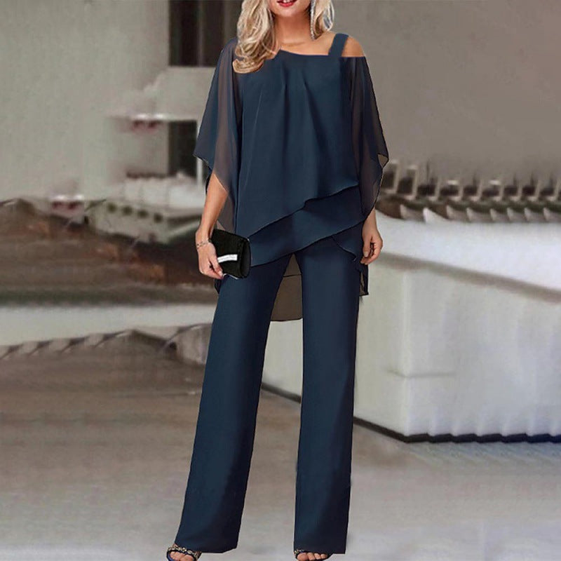 Solid Color Loose Batwing Sleeve Trousers Irregular Suit