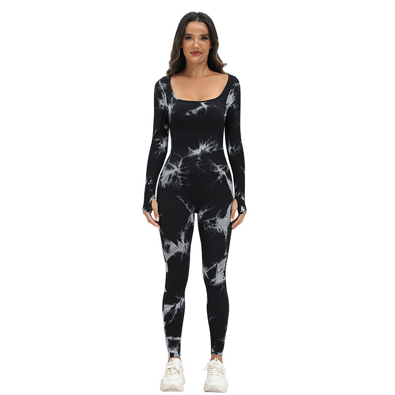 New Tie-dye Square Collar Long Sleeve Sports Seamless Yoga Bodysuit