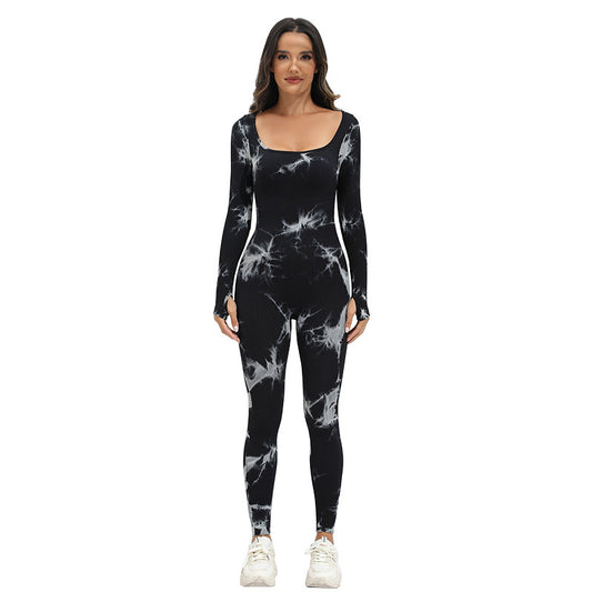 New Tie-dye Square Collar Long Sleeve Sports Seamless Yoga Bodysuit