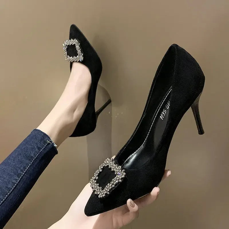 Women New Mid Heeled Sandals Black Square Buckle Pointed