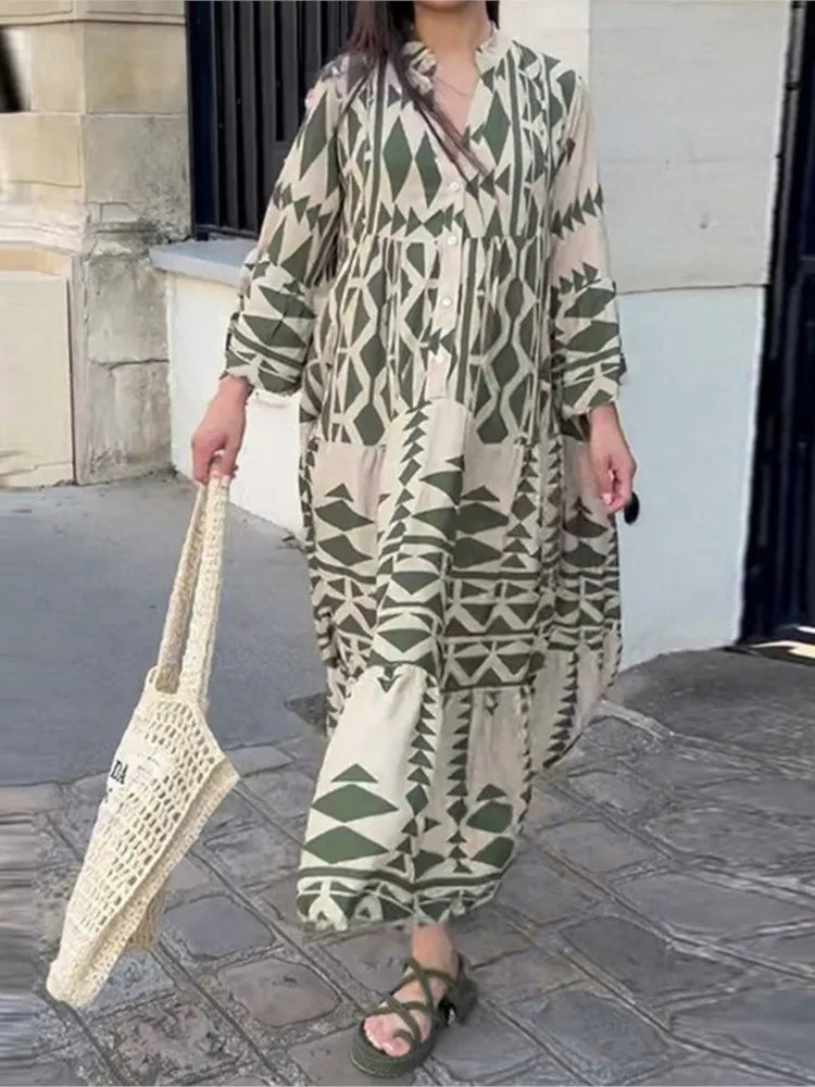 Women Print Long Sleeve Dress V-neck Long Sleeve High Waist Single