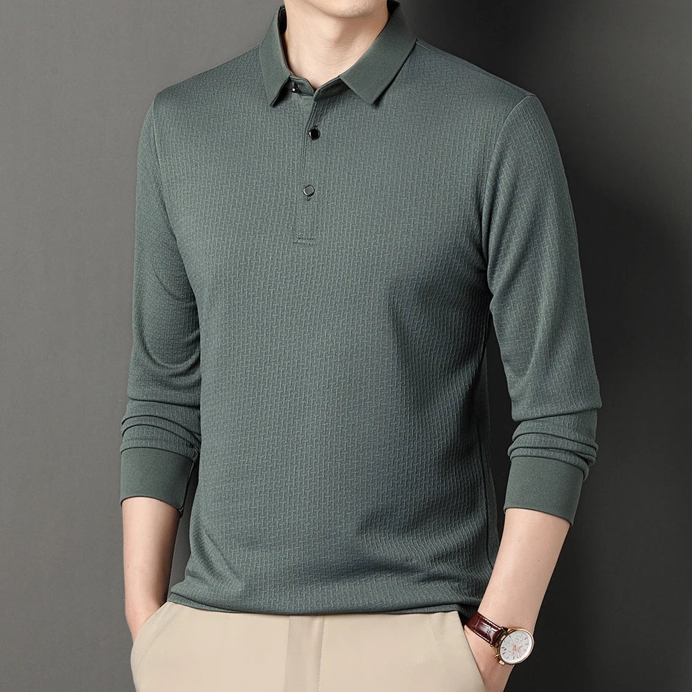 New Men's Lop-up Hollow Long-sleeved Polo Shirt Breathable