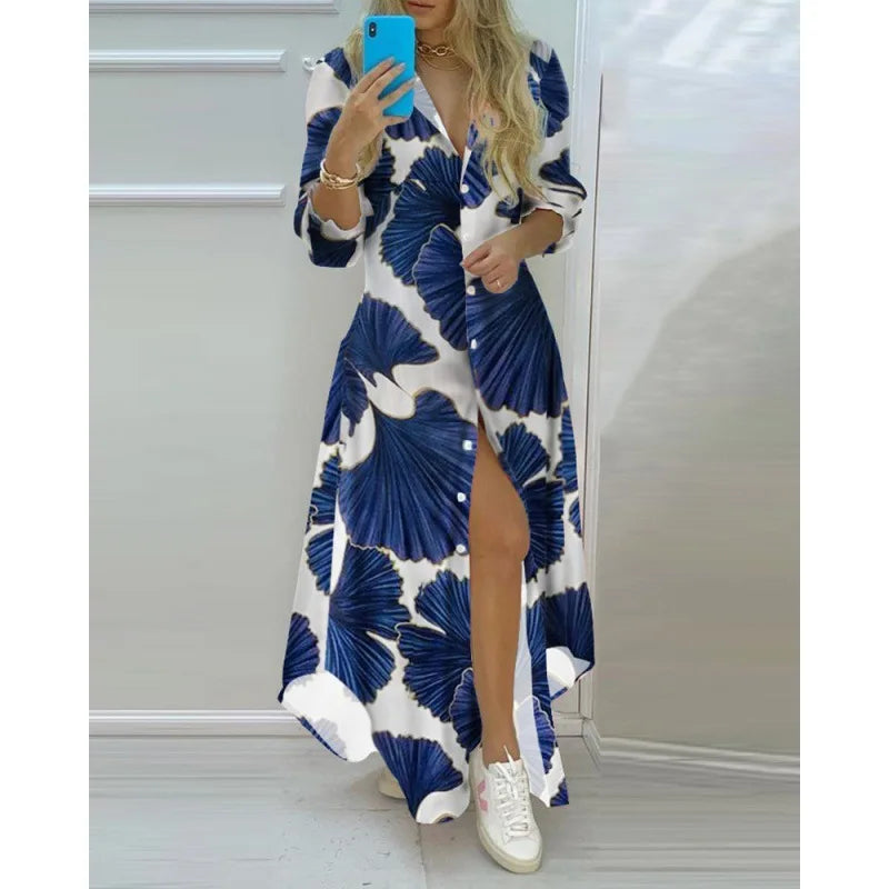 Women Boho Printed Long Shirts Dress Summer Turn-down Collar