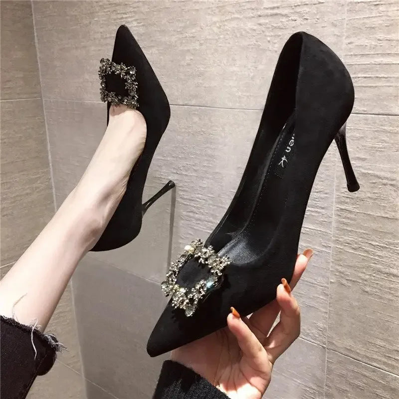 Women New Mid Heeled Sandals Black Square Buckle Pointed