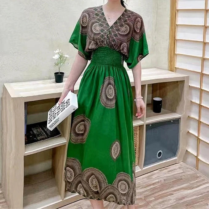 Casual Elegant Retro Bohemian National Style V-neck Elastic