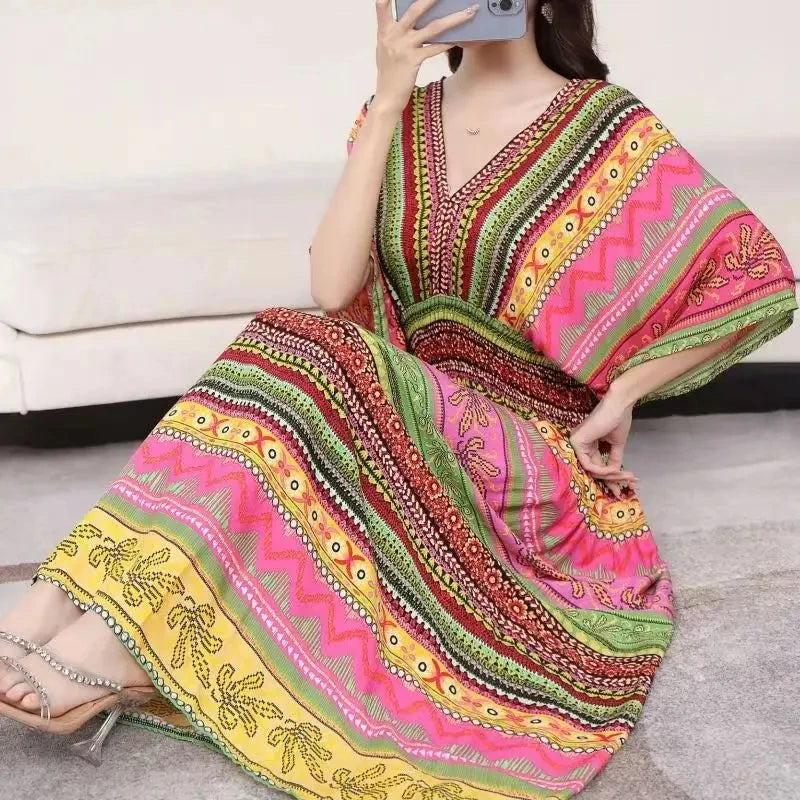 Casual Elegant Retro Bohemian National Style V-neck Elastic