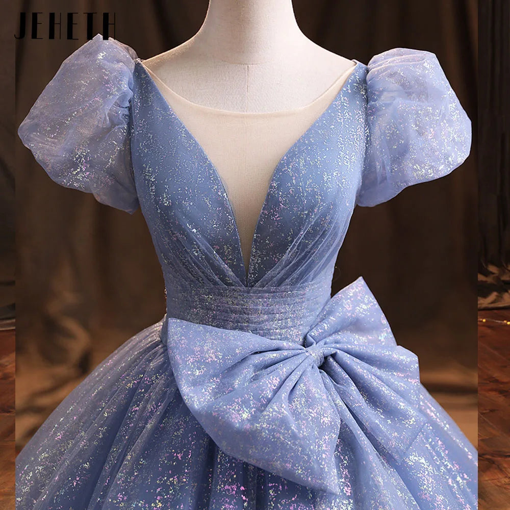 Real Photos Glitter Prom Gown Puff Sleeves