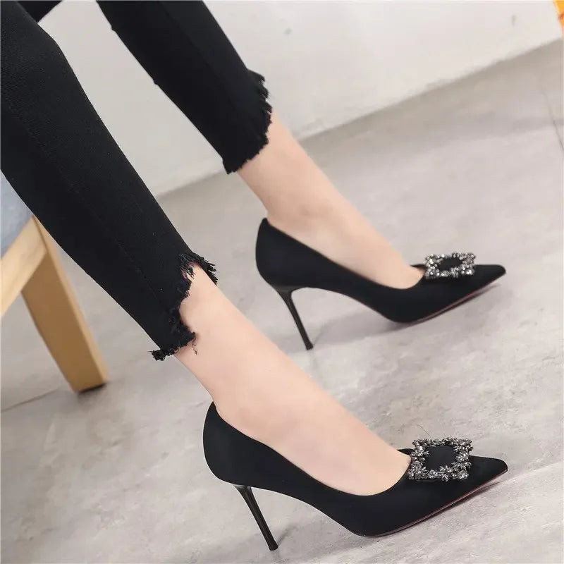 Women New Mid Heeled Sandals Black Square Buckle Pointed