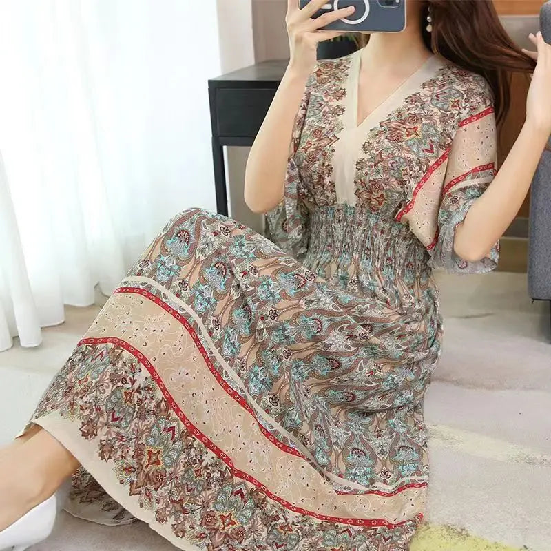 Casual Elegant Retro Bohemian National Style V-neck Elastic