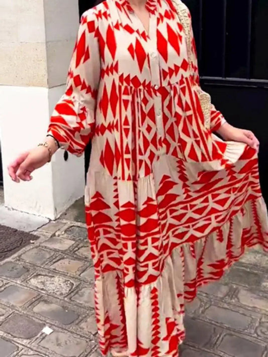 Women Print Long Sleeve Dress V-neck Long Sleeve High Waist Single