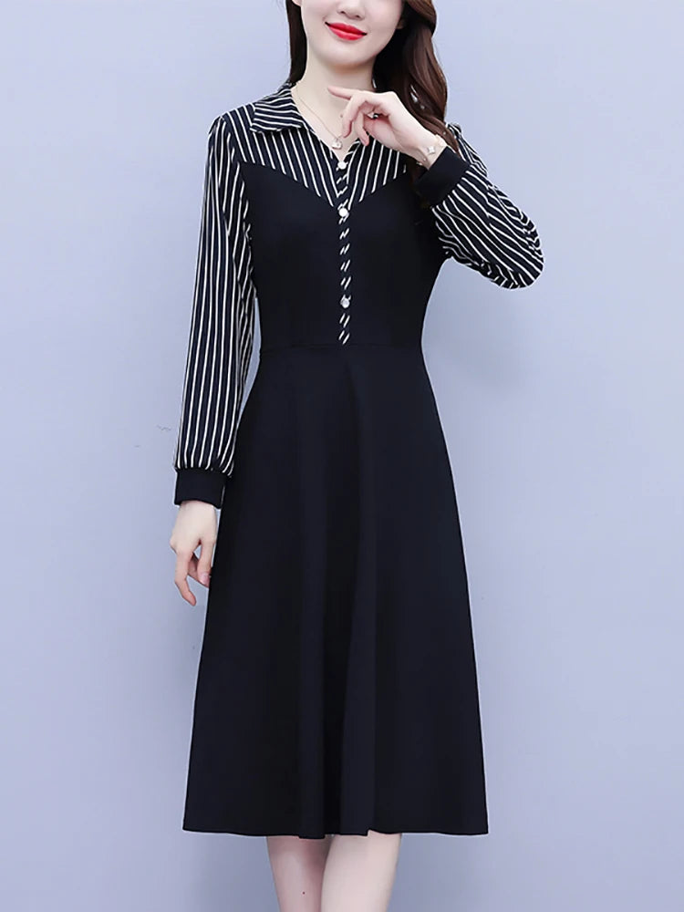 Striped Polo Collar Midi Vestidos Autumn Winter