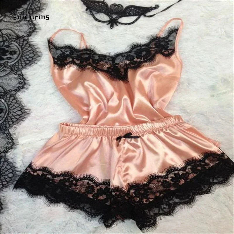 New Women's Pajamas Silk Sexy Pajama Set Black Lace V-Neck Pajama Suspender Top and Shorts Lace Pajama Set Home Underwear Dress