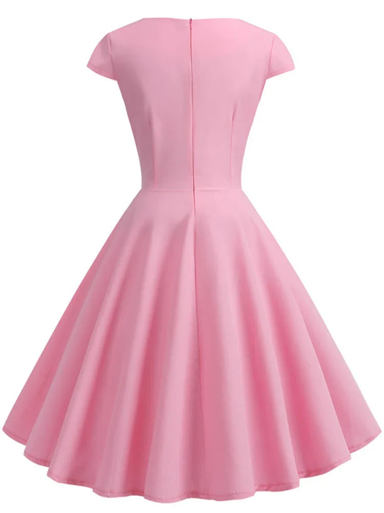 Pink Summer Dress Women V Neck Vintage Robe