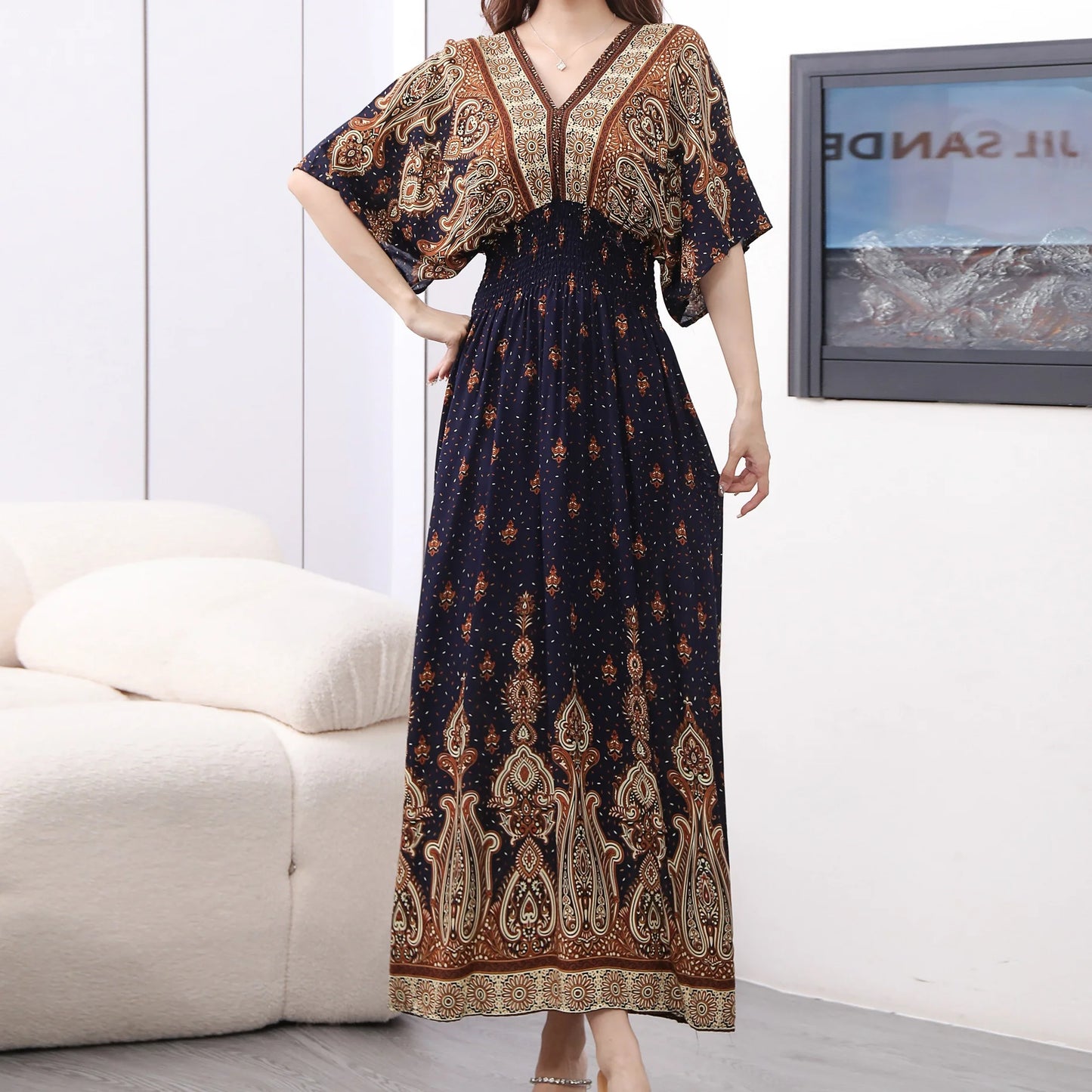 Casual Elegant Retro Bohemian National Style V-neck Elastic