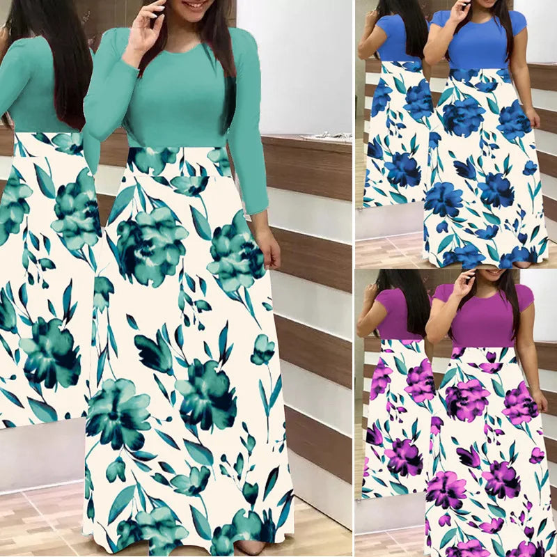 2023 European and American style floral print color matching long sleeved dress, long women's large swing skirt