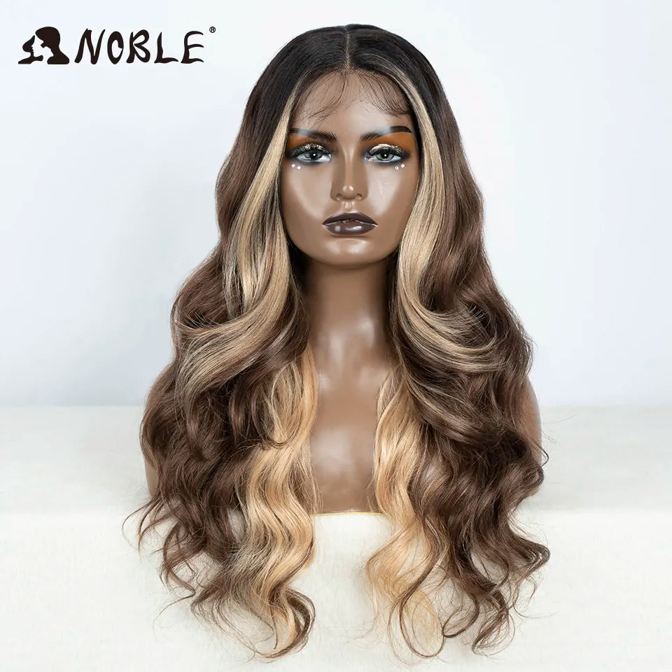 Noble Lace Front Wig Synthetic 28“ Highlight Honey Brown Body Wave