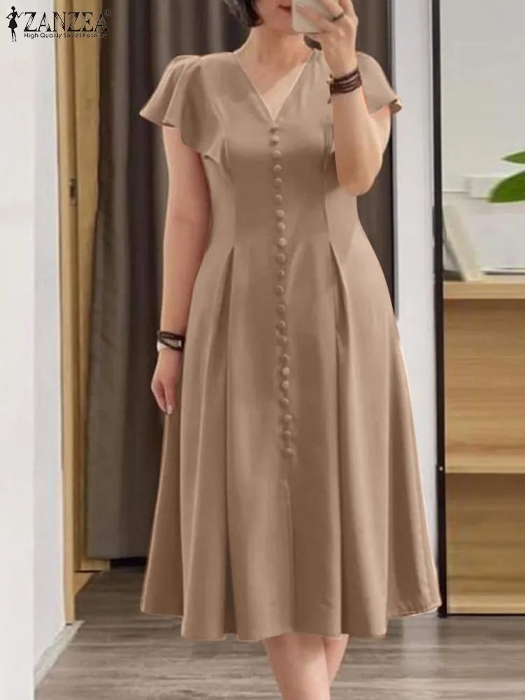 Summer Elegant V Neck Short Sleeve Dress Fashion Women Solid