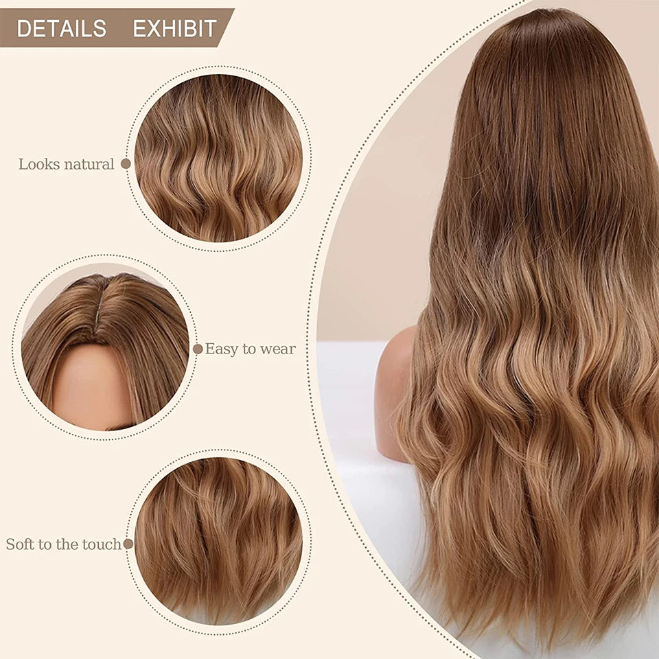 Long Brown Ombre Synthetic Wigs for Women Natural Hair Wavy Wigs Middle Part Female Wig Cosplay Heat Resistant Fiber Wigs