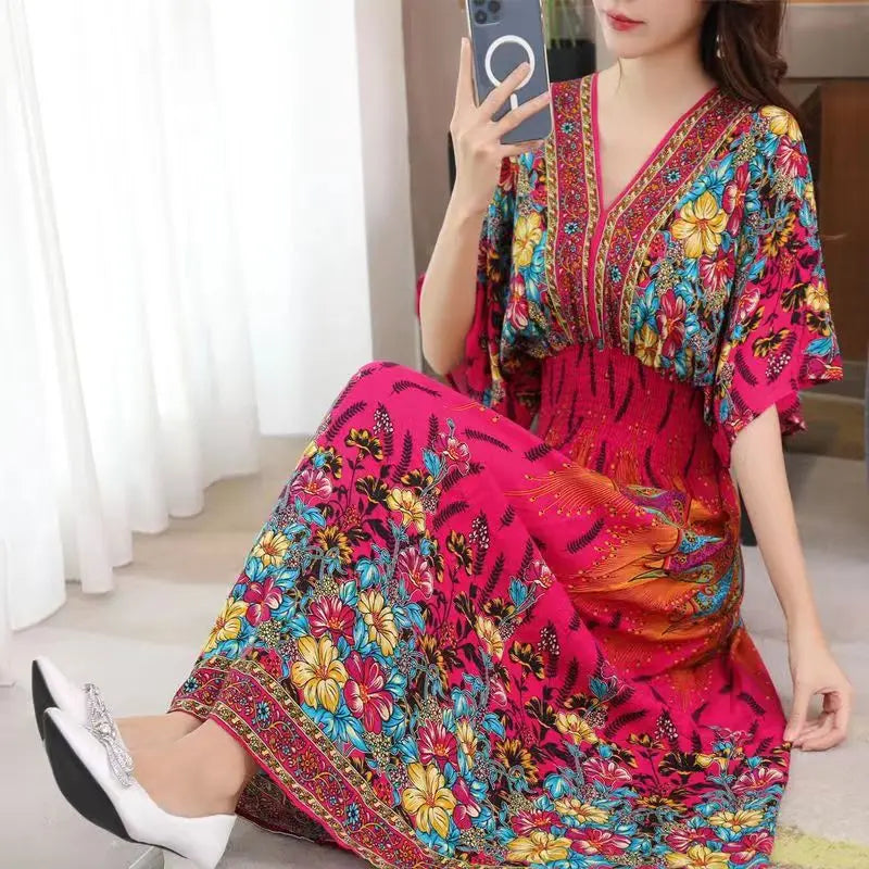 Casual Elegant Retro Bohemian National Style V-neck Elastic