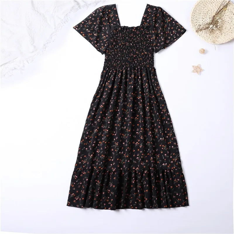 Spring Summer Chiffon Dress Women Midi DressesFemale Short Sleeve