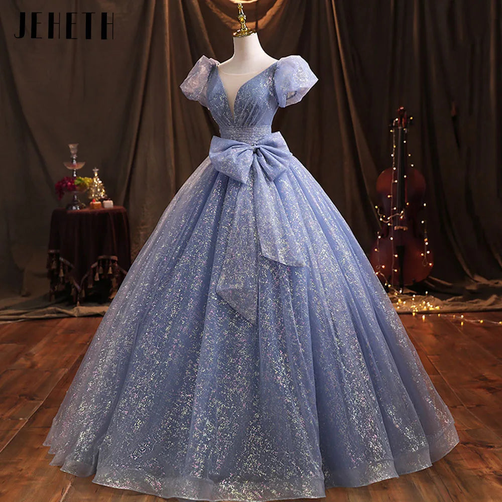 Real Photos Glitter Prom Gown Puff Sleeves