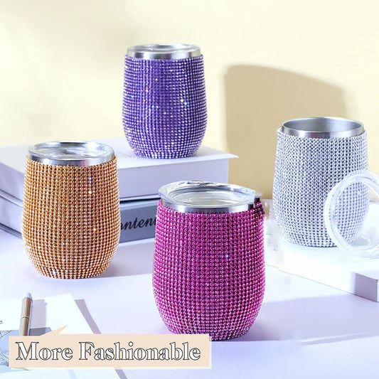 Stainless Steel Glitter Insulated Thermal Tumbler Egg Shape Cup Bling Wine Beer Coffee Mug Water Bottle Rhinestone Vacuum Flasks