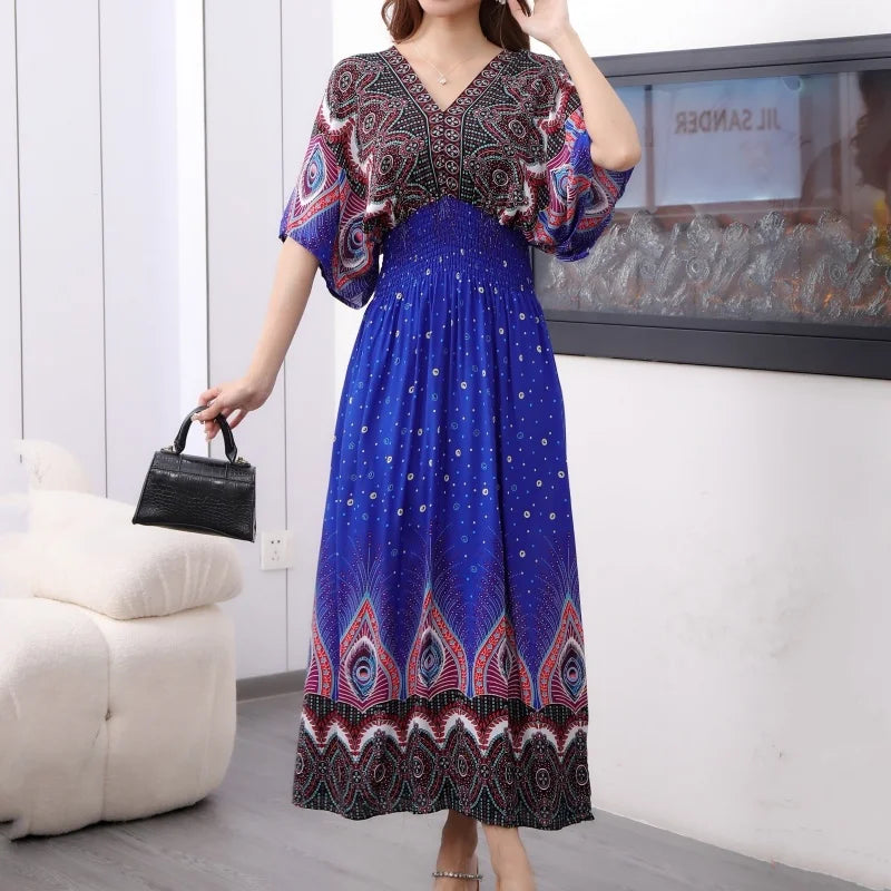 Casual Elegant Retro Bohemian National Style V-neck Elastic