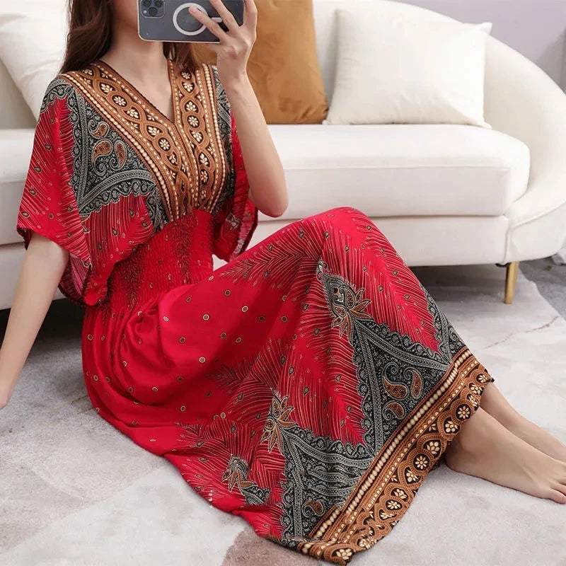 Casual Elegant Retro Bohemian National Style V-neck Elastic