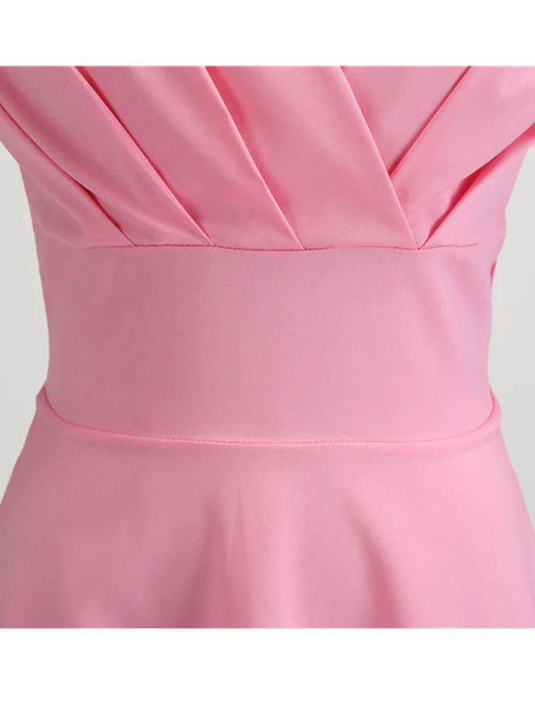 Pink Summer Dress Women V Neck Vintage Robe