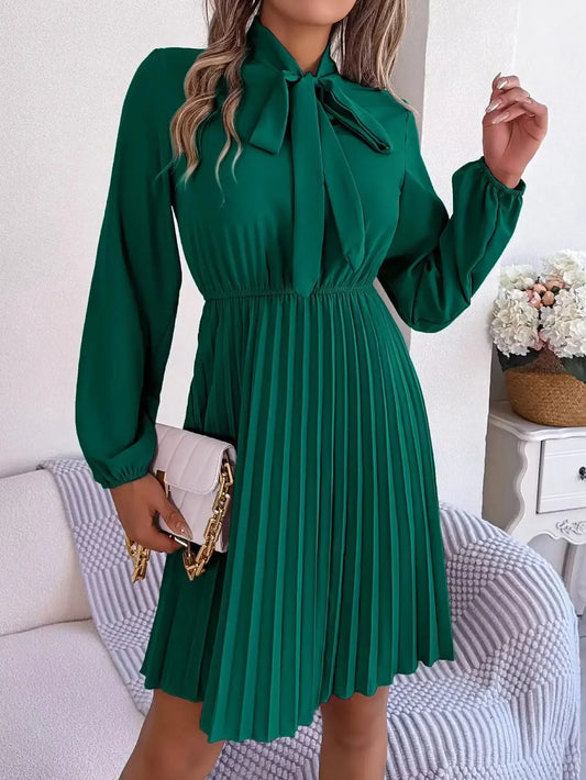 2024 Women's Dresses New in Spring Summer Autumn Winter New Fashion Pure Color Lace Up Long Sleeve Elastic Waist Party Pleated