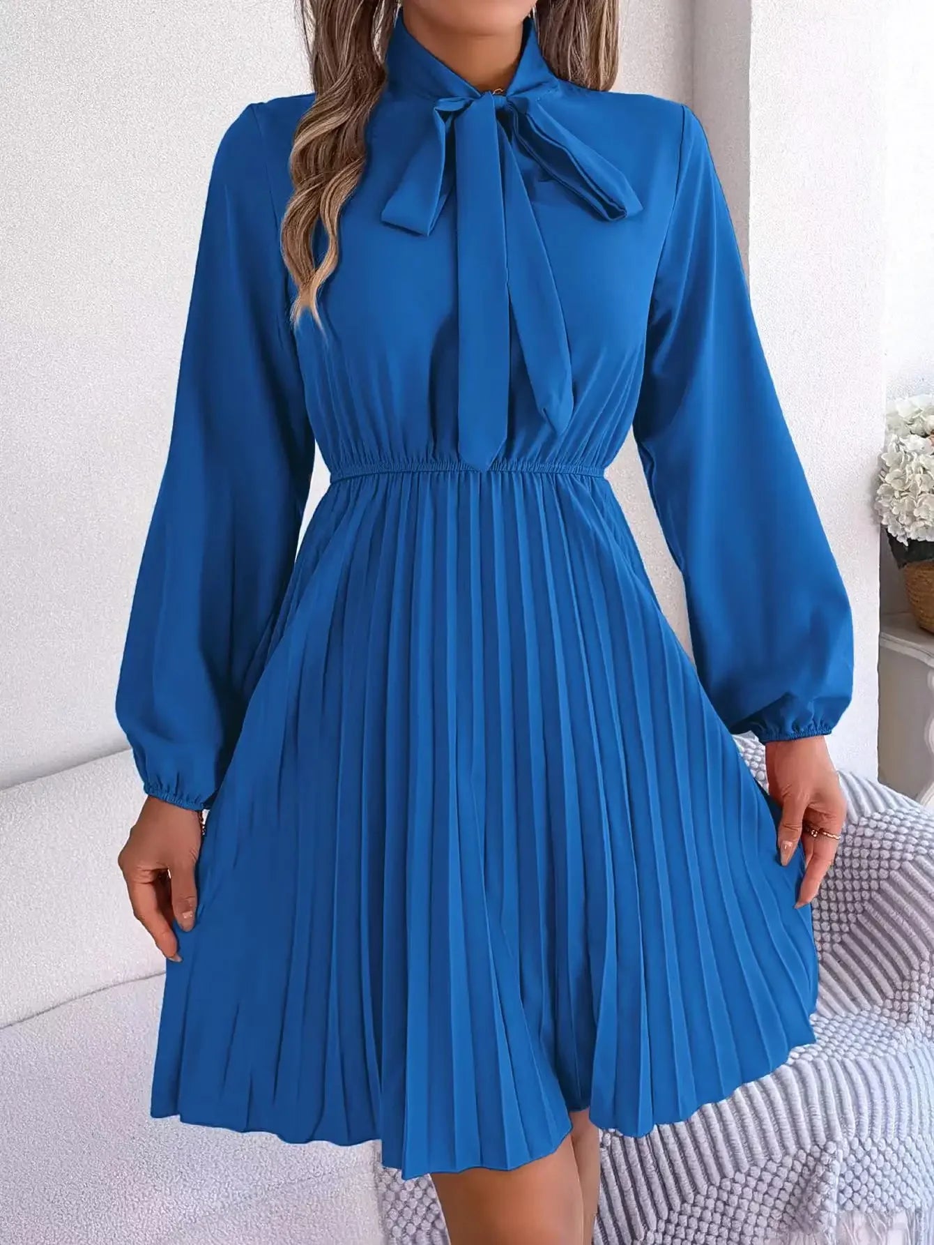 2024 Women's Dresses New in Spring Summer Autumn Winter New Fashion Pure Color Lace Up Long Sleeve Elastic Waist Party Pleated