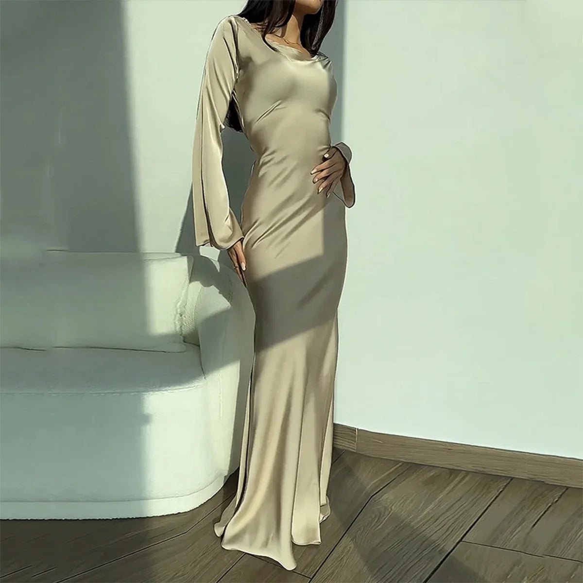 Women‘s Maxi Dress 2024 New Silk Long Round Neck Satin Flare