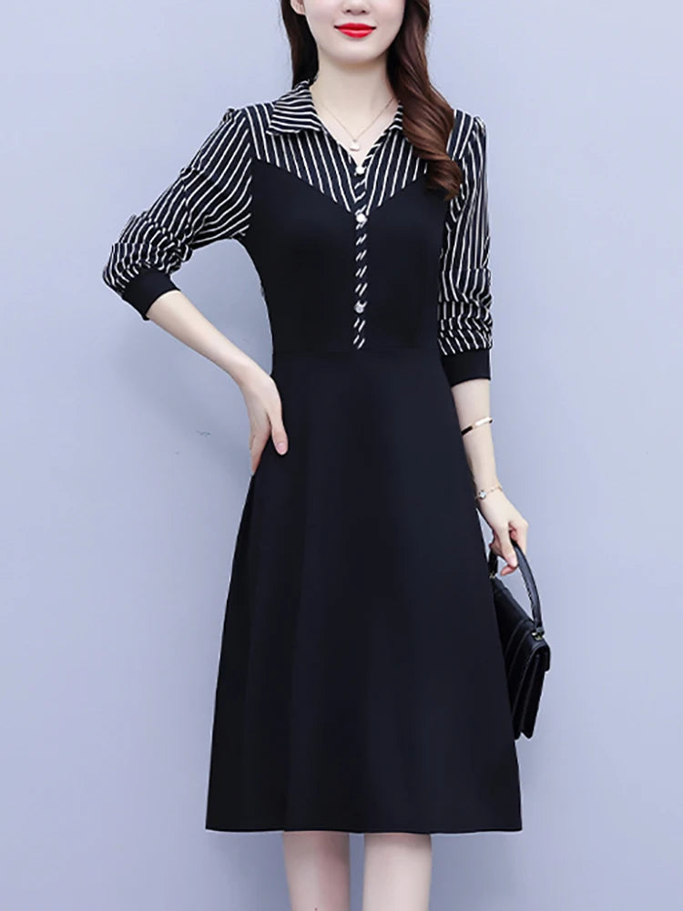 Striped Polo Collar Midi Vestidos Autumn Winter