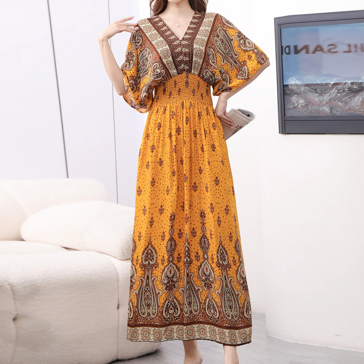 Casual Elegant Retro Bohemian National Style V-neck Elastic