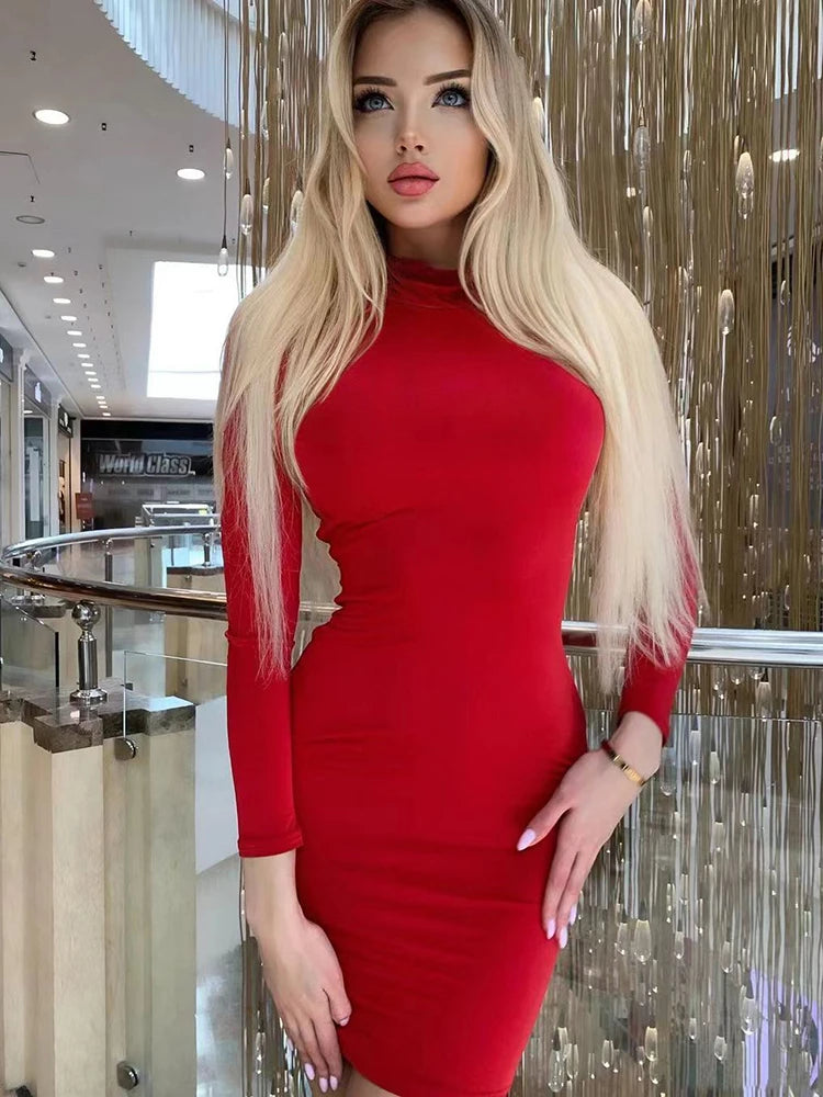 New Arrival Turtleneck Long Sleeve Skinny Mini Dress Sexy Skirt