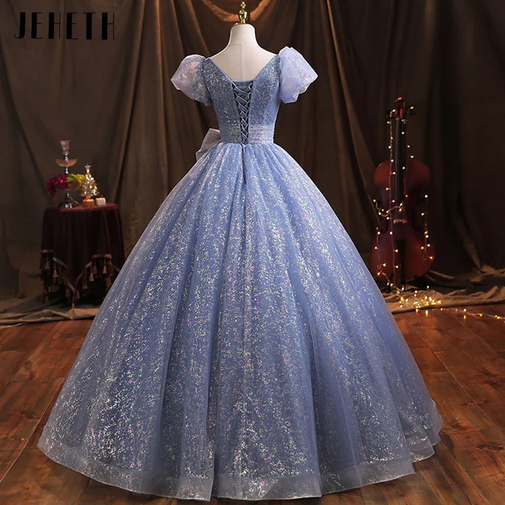 Real Photos Glitter Prom Gown Puff Sleeves