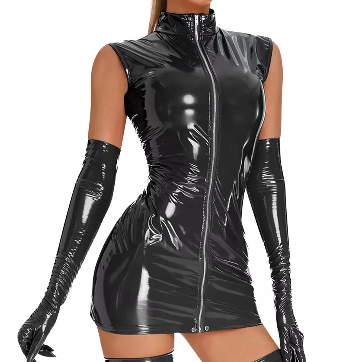 Women Sexy Shiny Leather Dress Erotic Zipper Open