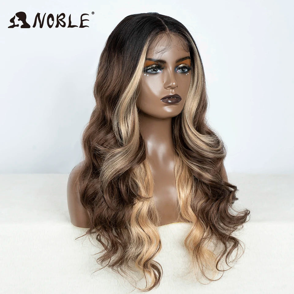 Noble Lace Front Wig Synthetic 28“ Highlight Honey Brown Body Wave