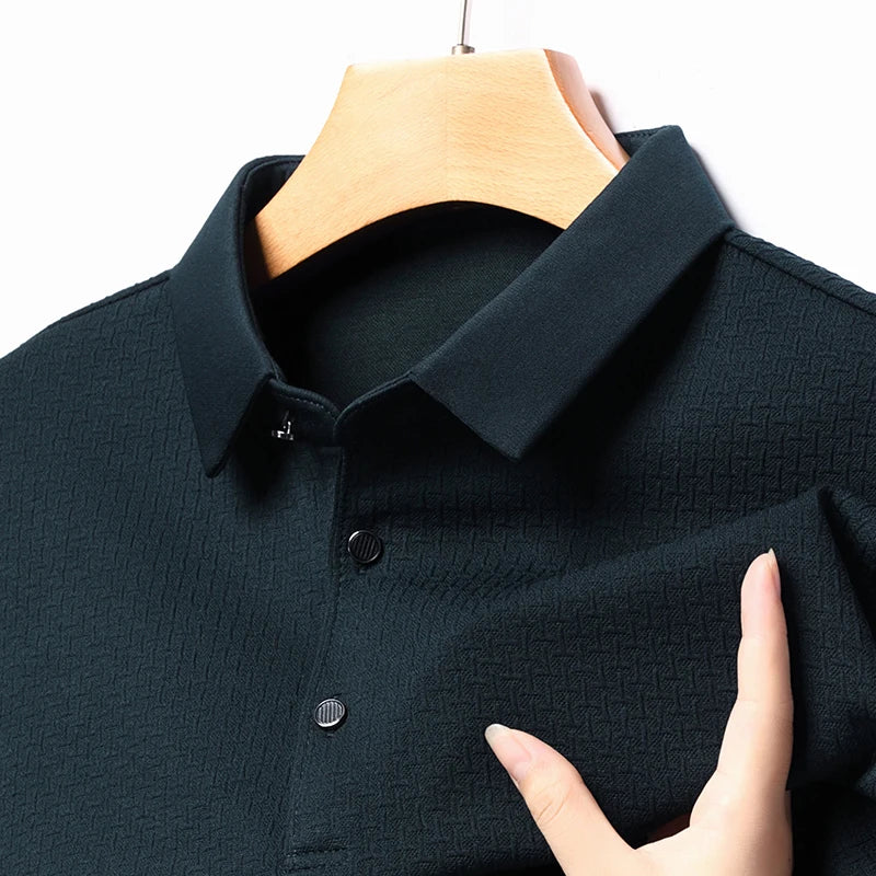 New Men's Lop-up Hollow Long-sleeved Polo Shirt Breathable