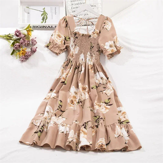 Spring Summer Chiffon Dresses Fashion Female Elastic Waist Short Sleeveos