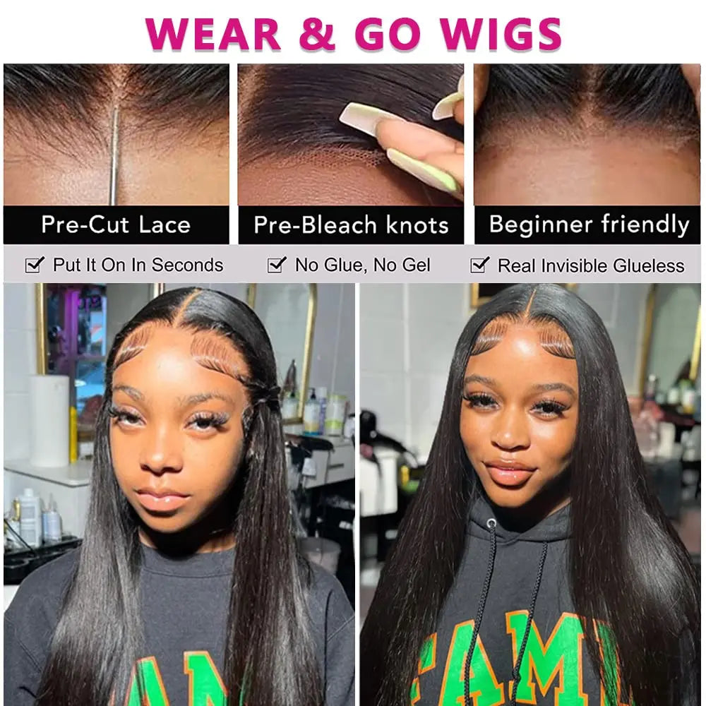 Wear And Go Glueless Wig Malaysian Straight 5x5 HD Lace Closure Glueless Wig Human Hair Ready To Wear Pre Cut Pre plucked