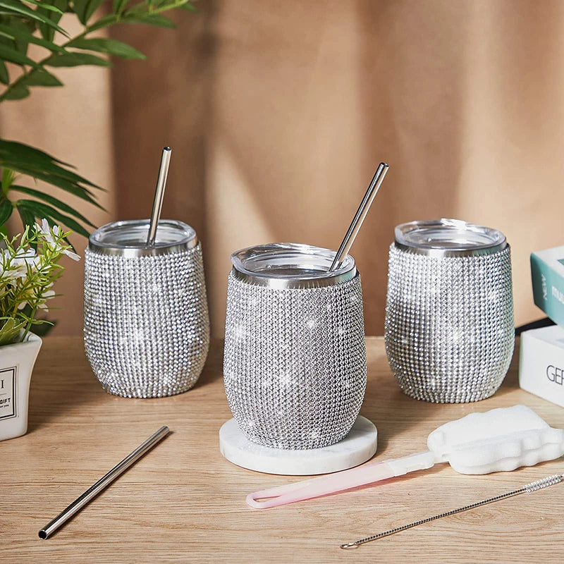 Stainless Steel Glitter Insulated Thermal Tumbler Egg Shape Cup Bling Wine Beer Coffee Mug Water Bottle Rhinestone Vacuum Flasks