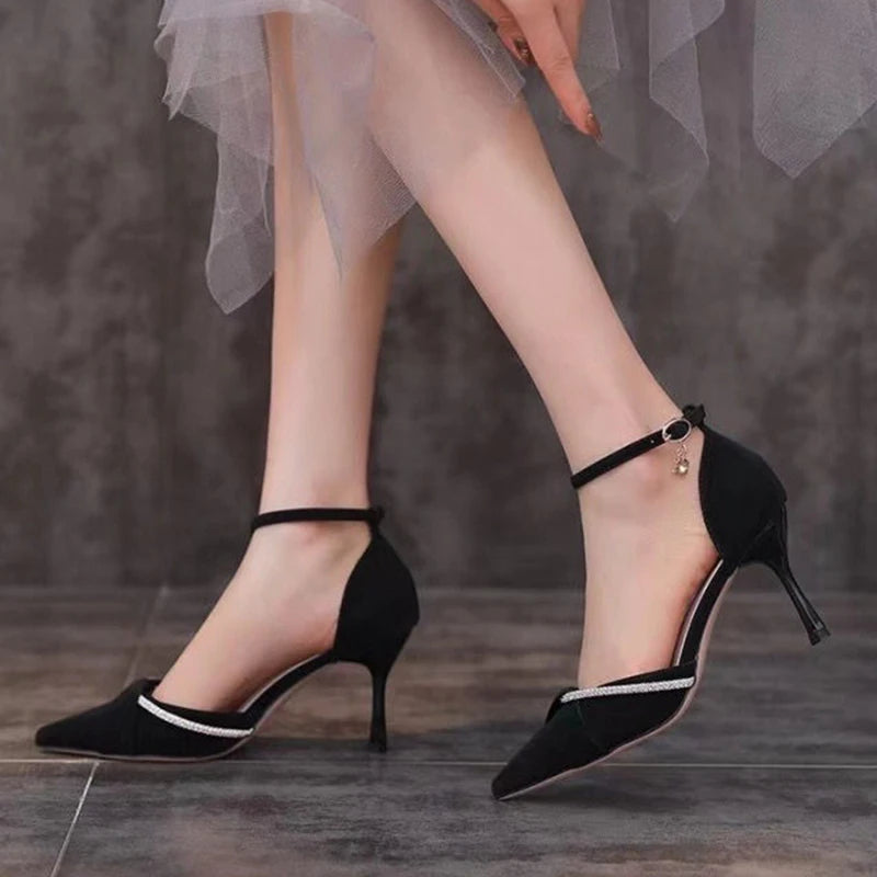 Bling Crystal Ankle Strap Pumps for Women Sexy Pointed