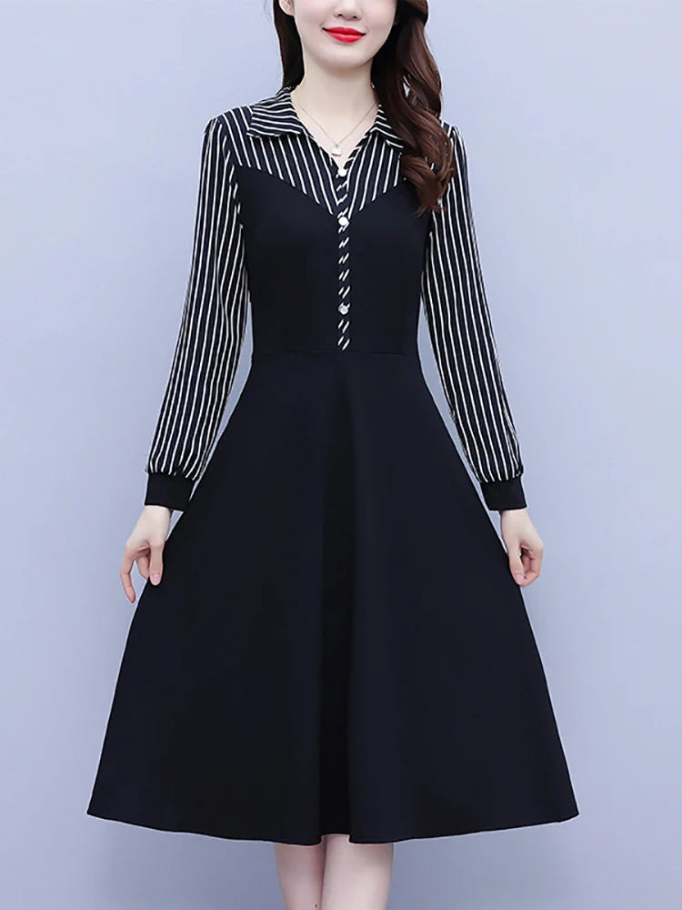 Striped Polo Collar Midi Vestidos Autumn Winter