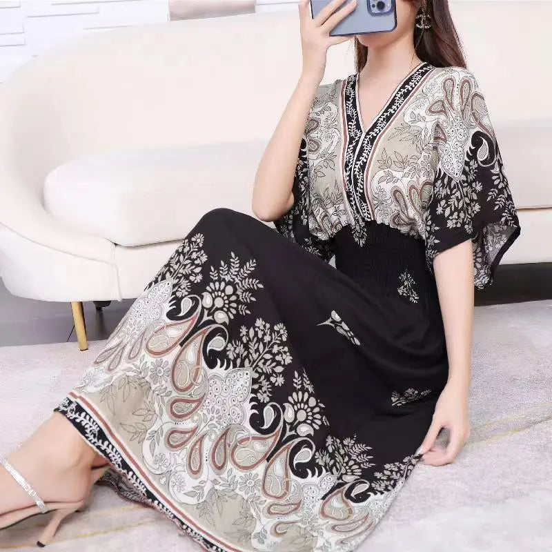 Casual Elegant Retro Bohemian National Style V-neck Elastic