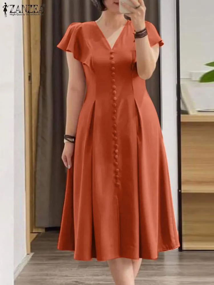 Summer Elegant V Neck Short Sleeve Dress Fashion Women Solid