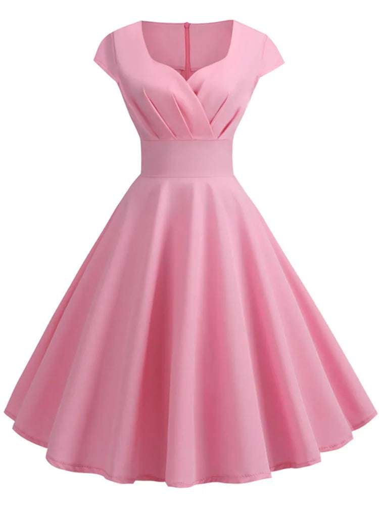 Pink Summer Dress Women V Neck Vintage Robe